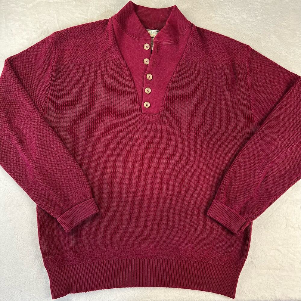 L.L. Bean Vintage Sweater Quarter Button Woven Knit Cotton Men’s Size Large Red
